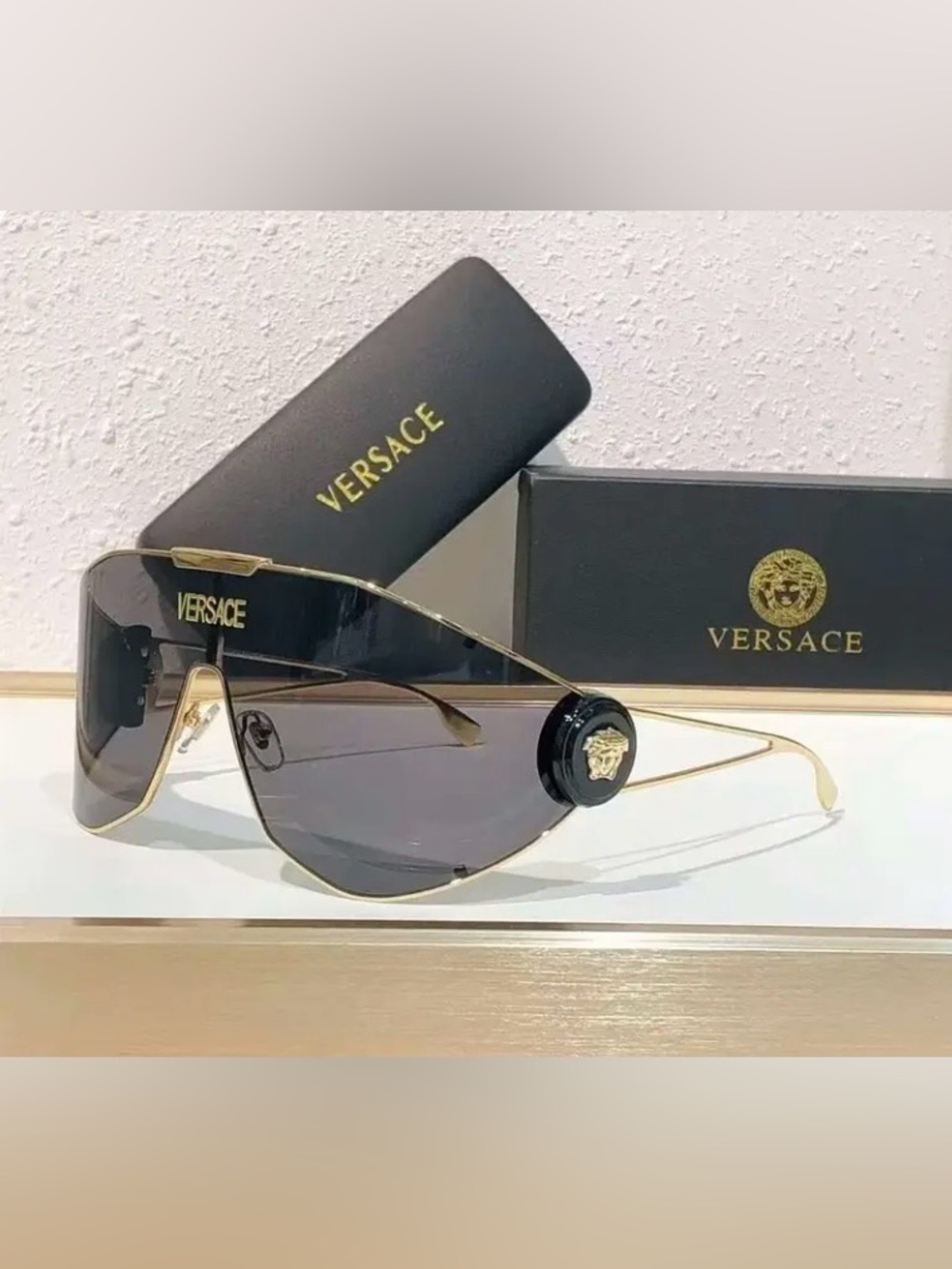 Versace Medusa Shield Sunglasses Black w/ Gold Detail